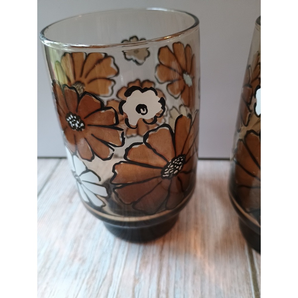 Vintage Libbey Camellia Tawney Glasses Brown Daisy Tumbler Juice Amber- 2 - Picture 2 of 6